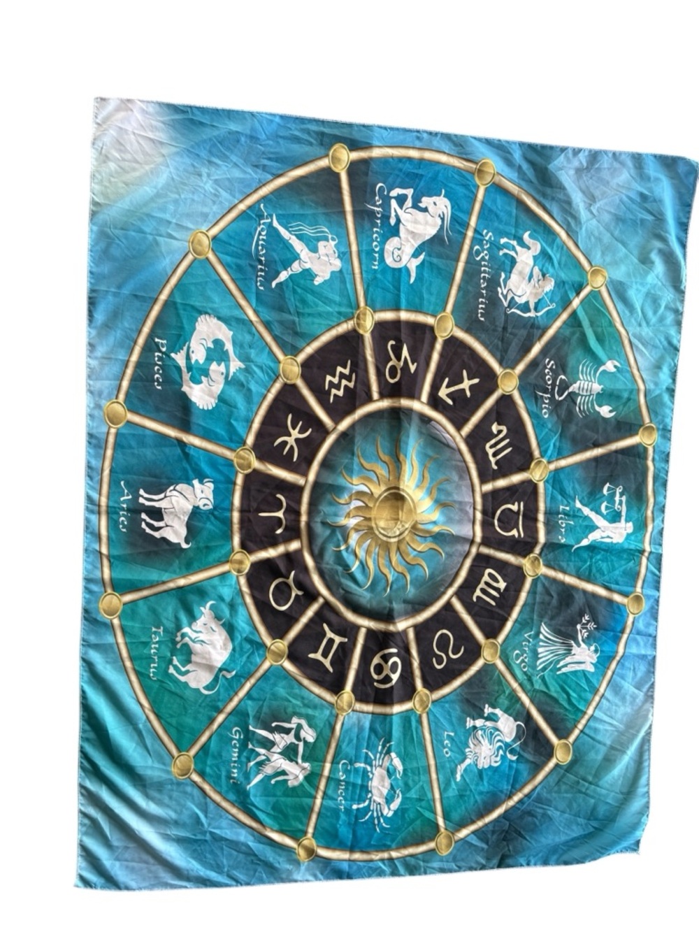 Celestial Zodiac Wheel Wall Tapestry in Teal